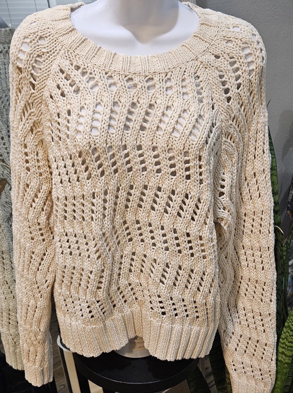 American Eagle Outfitters Cream Open-Knit Crewneck Sweater